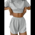 thumbnail image 1 of Pijama de Rayas para Mujer, Conjunto de Dos Piezas, Camiseta con Estampado de Rayas y Hombros Caídos, Pantalones Cortos Cruzados con Abertura. Gris XL, 1 of 8