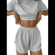 thumbnail image 1 of Pijama de Rayas para Mujer, Conjunto de Dos Piezas, Camiseta con Estampado de Rayas y Hombros Caídos, Pantalones Cortos Cruzados con Abertura. Gris L, 1 of 8
