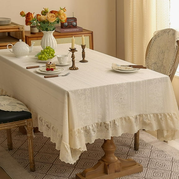 Retro Lace Ruffle Tablecloth Beige Plum Blossom Embroidery Rectangular Table Cover for Home Patio Wedding Picnic Kitchen Indoor Outdoor Holiday Dining Decor (Beige, 140*180cm)