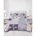 thumbnail image 2 of Full Size Quilt Bedding Set, Spring Floral Reversible Summer Quilt 3 Pieces, Dark Purple Flowers Patchwork Grid Bohemia Lightweight Bedspreads Coverlets with 2 Pillow Shams for All Seasons, 2 of 5