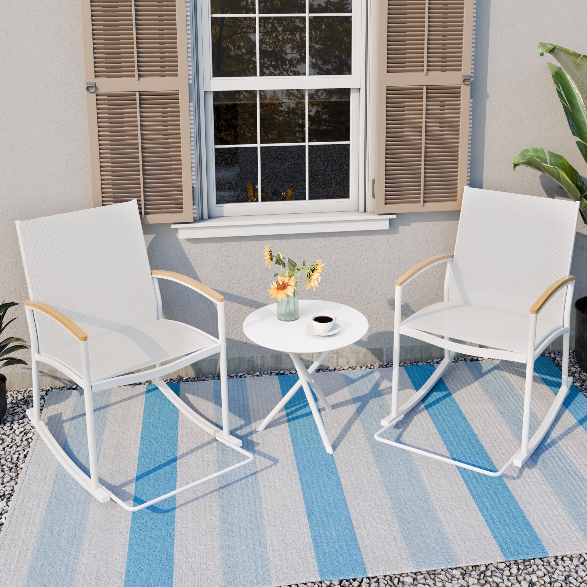 Walsunny 3 Pieces Patio Set Outdoor Patio Furniture Sets Modern Rocking Bistro Set Textilene Chair Conversation Sets White