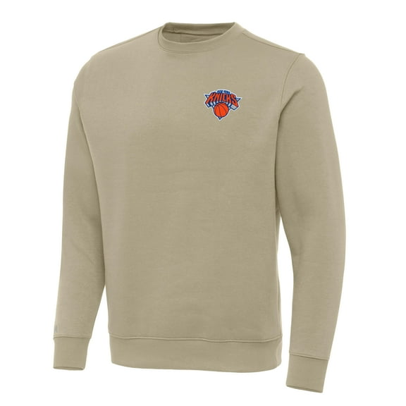 Men's Antigua Khaki New York Knicks Victory Crewneck Pullover Sweatshirt