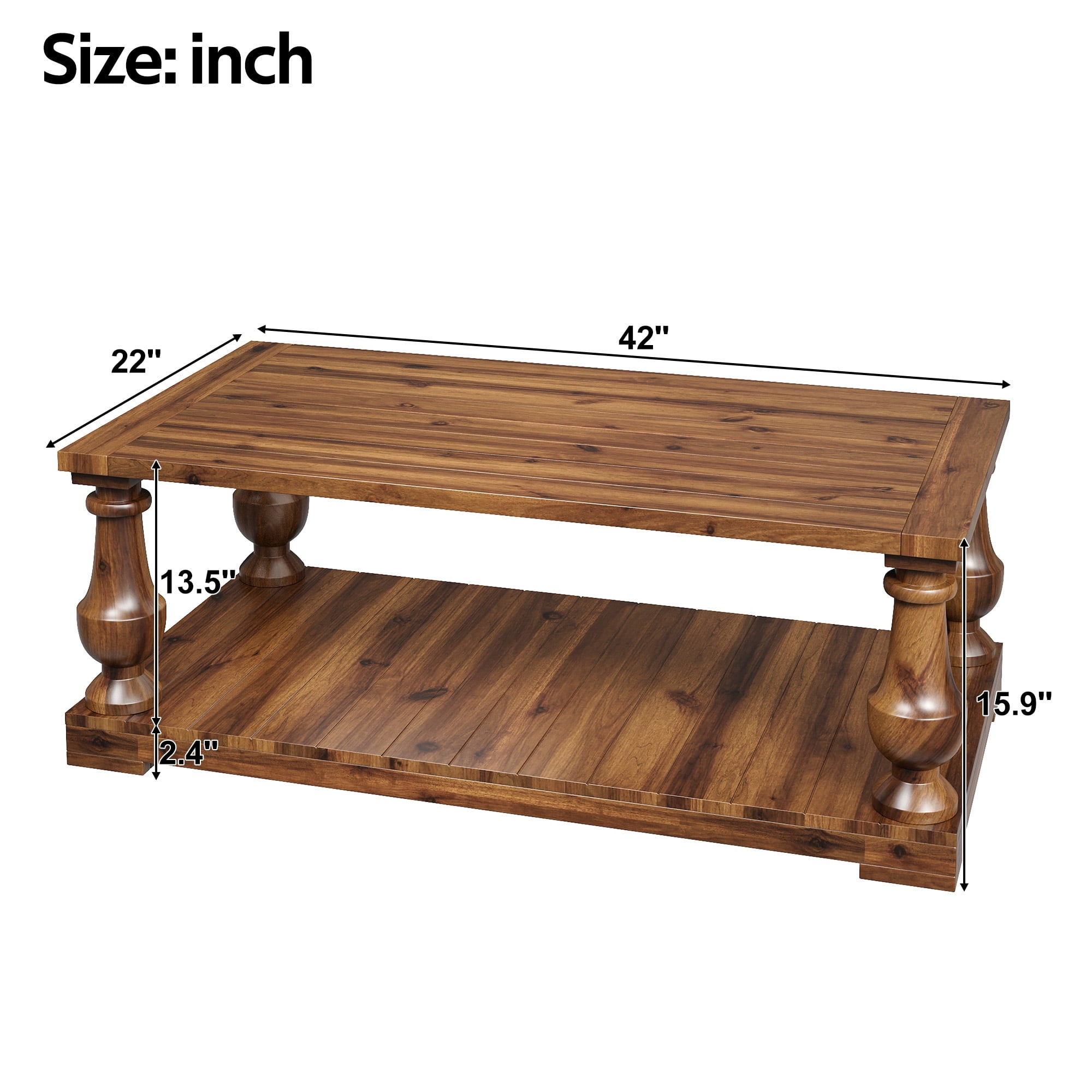 GARITIN Farmhouse Coffee Table with Storage Shelf, Solid Wood Turned Legs, 2-Tier Rustic Wood Center Table for Living Room, Walnut