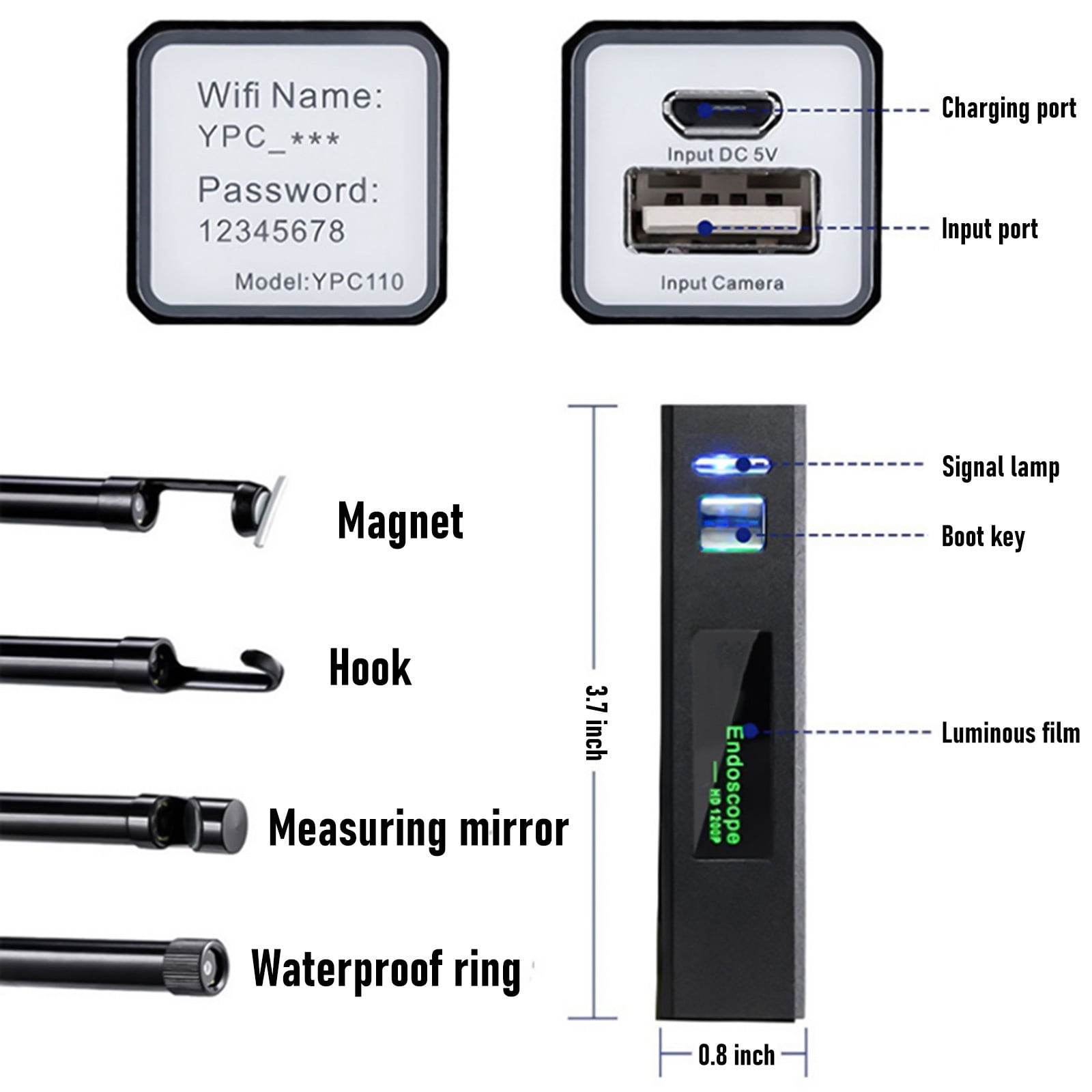 Snmubt Wireless WiFi Borescope Endoscope Inspection Camera, 2MP HD 1200P Semi-Rigid Snake Camera for Car Engine Diagnosis, Christmas Gift for DIY Mechanic, IP68 Waterproof 2m