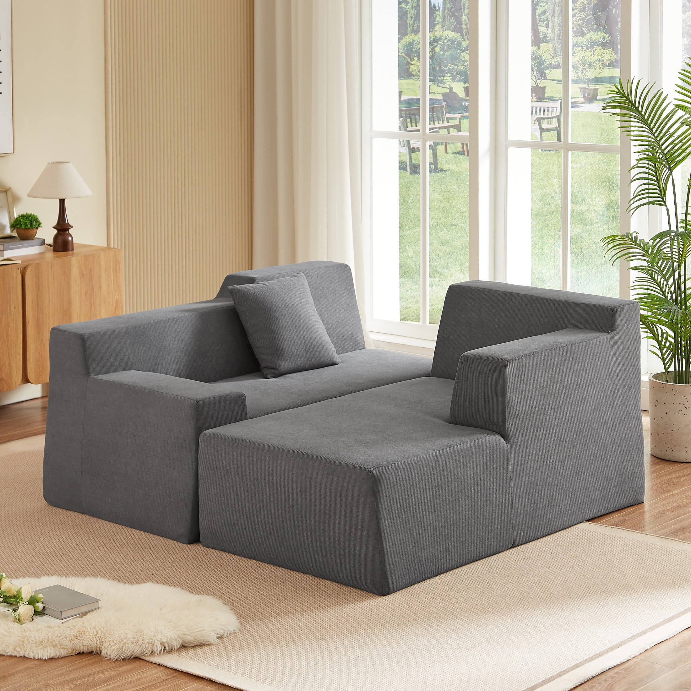 Aukfa 96" Modular Sectional Sofa, L-Shaped Cloud Couch with Right Facing Chaise, Corduroy 3-Seat Memory Foam Sofa for Living Room, Gray