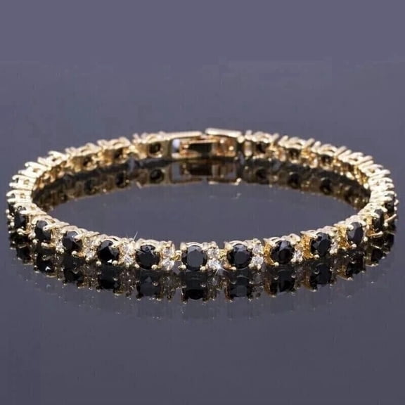 14K Yellow Gold Over 10CT Round Cut Lab Created Black Diamond Tennis Bracelet