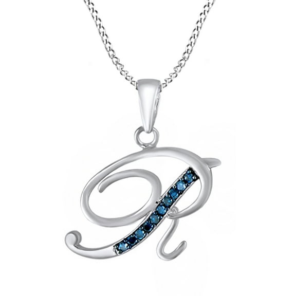AFFY Blue Natural Diamond Initial "R" Pendant Necklace in 14k White Gold Over Sterling Silver