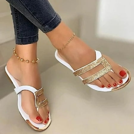 

Zpanxa Slippers for Women Summer Flat Bottom Shoes Rhinestone Flip-flops Women Flip Flops Casual Slippers Flip Flops for Women White 36