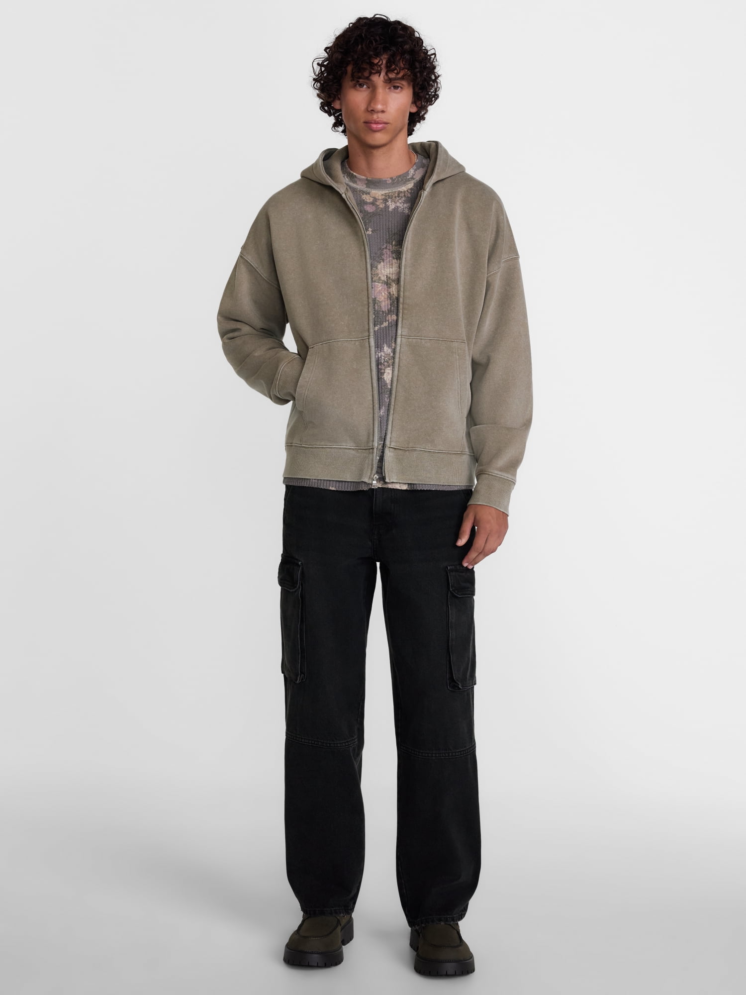 No Boundaries Boxy Fit Heavyweight Fleece Full Zip Hoodie Sweatshirt, Men's Sizes XS-3XL