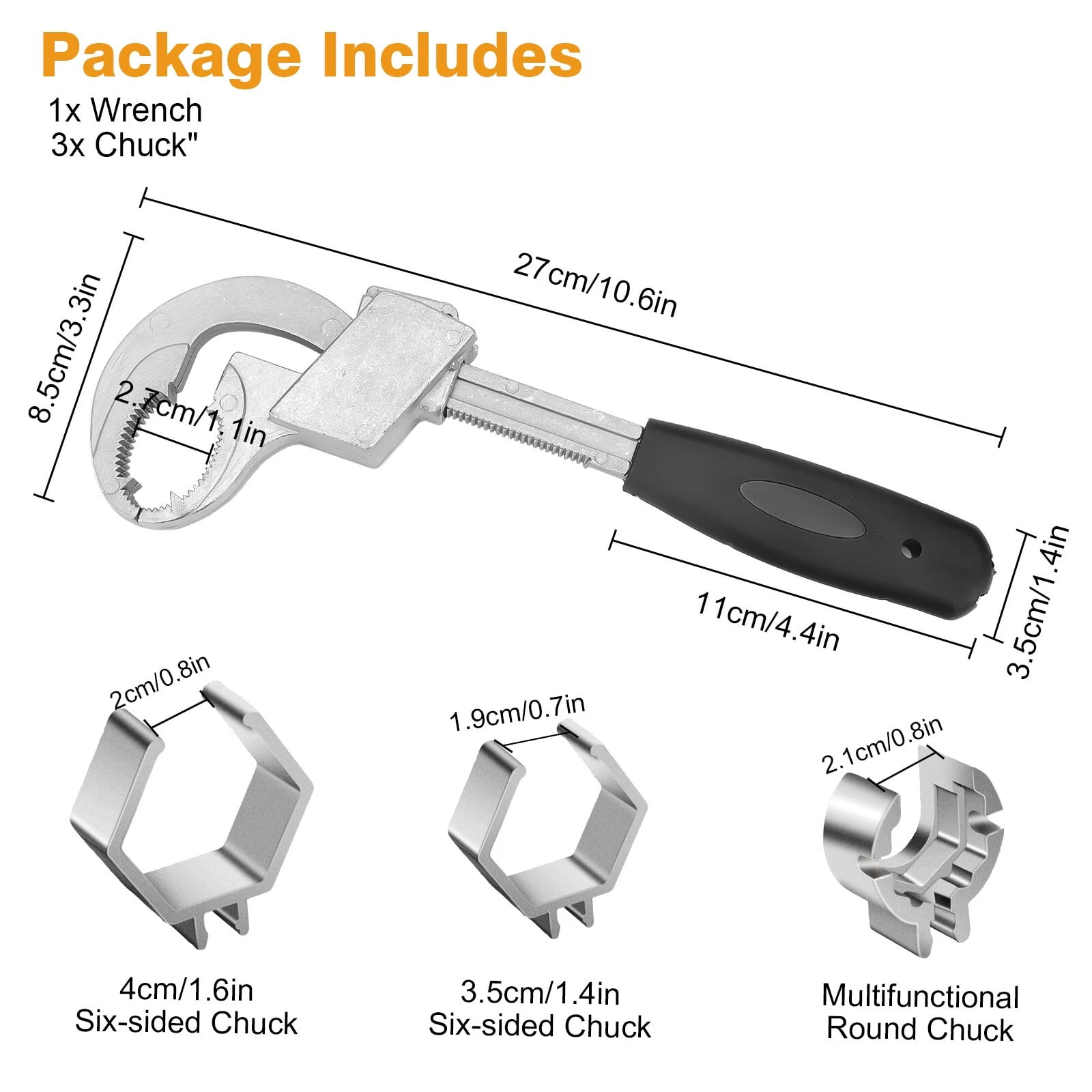 TAPDRA Universal Adjustable Wrench With Hexagonal Round Chucks For Sink Toilet Bathroom Pipe Valve Repair Work