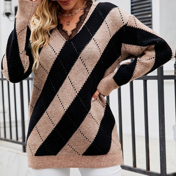 EGNMCR Cardigan Sweaters for Women, Sweaters for Women Women'S Casual Color Matching Lace V-Neck Sweater Loose Pullover Women Sweater