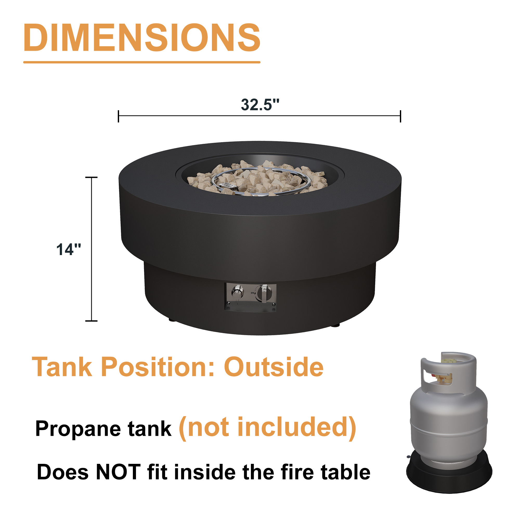 HongTaoK 32.5 inch Round Propane Fire Pit Table with Lava Rock, 50K BTU, Black