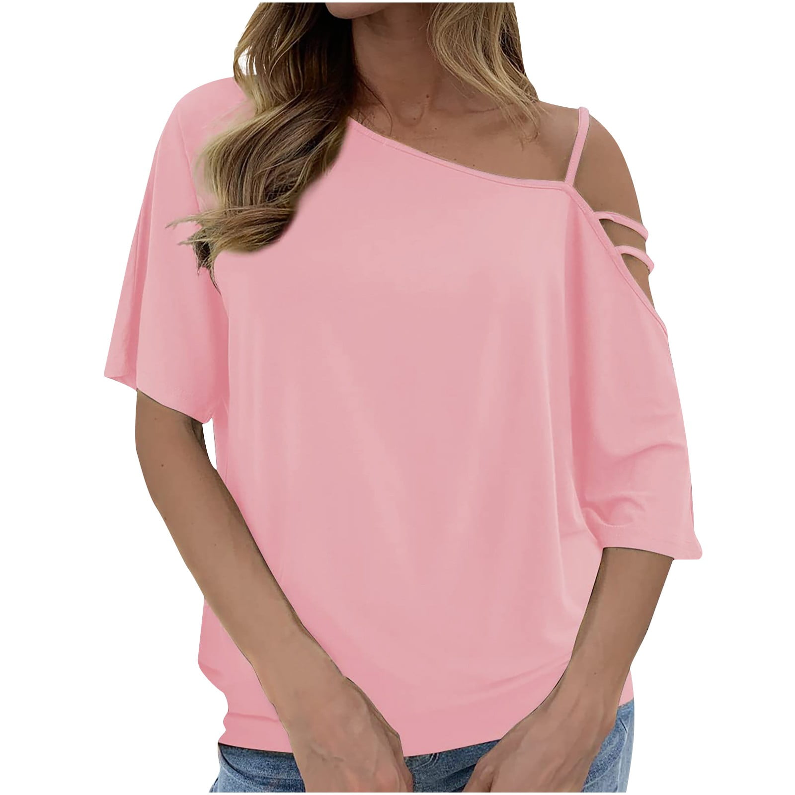 Swiusd Womens Fashion Solid Helf Sleeve Sloping Shoulders Casual Tee Tops T Shirt Ladies Casual