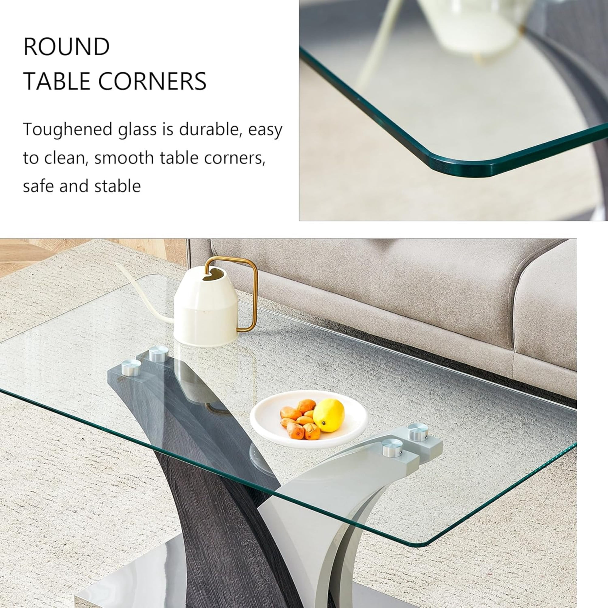 SUDICA 39" Tempered Glass Coffee Table, Modern Center Table with Wood Grain Metal Base