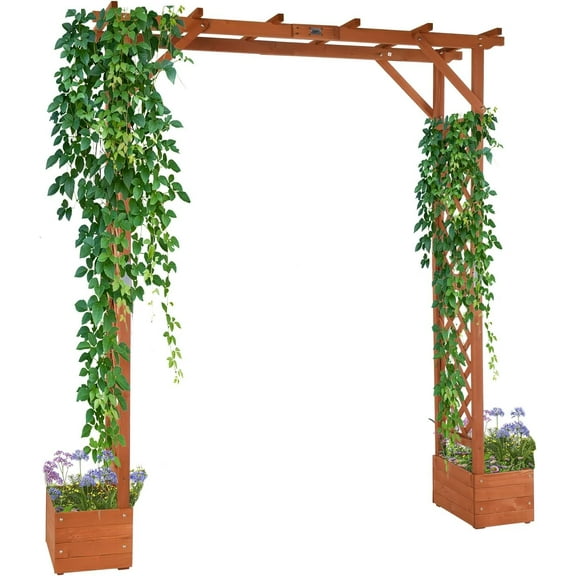 QISHENSHUI Wooden Garden Arbor with Planter, Wedding Arch for Ceremony, Wood Garden Arbour Trellis for Plant Climbing, Pergola for Garden Backyard, Lawn, Outdoor