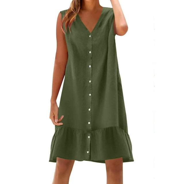Dvprdro Robe d'Été Imitation Coton Lin pour Femmes Mode Décontractée Ample Couleur Unie Col en V Sans Manches Boutonnée Ourlet à Volants Robe de Plage Soleil