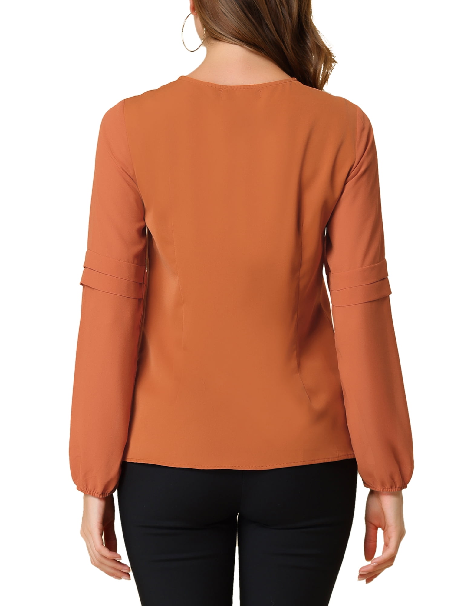 DARING DIVA Chiffon Semi Sheer Long Sleeves Keyhole Neck Blouse S Orange