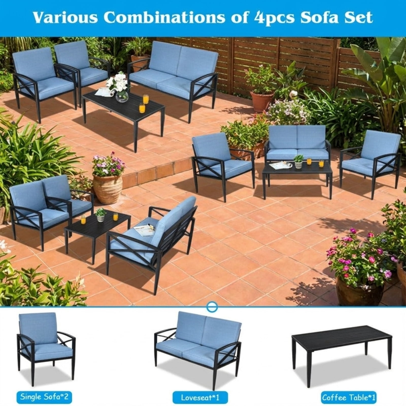 Biotree 4 Piece Patio Furniture Set aluminum frame cushioned sofa outdoor conversation set with side table for garden backyard and porch