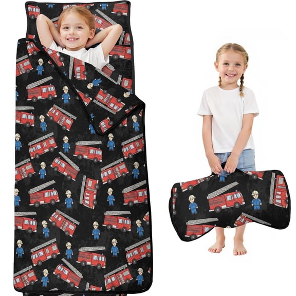 Fireman and Truck Black Pattern Teens Toddler Nap Mat with Pillow, Sleeping Mat Bag for Preschool Daycare 59"x22"
