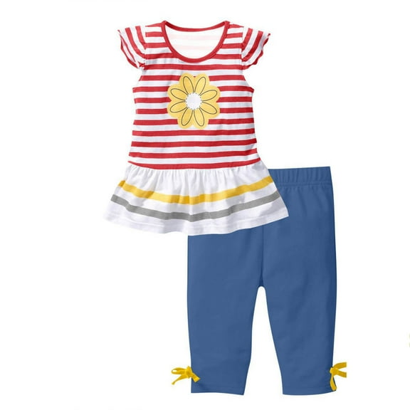 FAOWME Child Girls Summer Outfits 2 Piece Sets Floral Print Short Sleeve Tops With Ruffle Sleeves And Elastic Waist Pants Toddler Kids Clothes Leisure O-Neck Dailywear