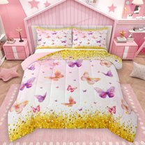 Homewish Cute Cartoon Butterfly Full Size Comforter Sets,Chic Glitter Print Bedding Comforter Set,Pink Gold Bedding Sets For Girls Kids,Microfiber Bedroom Decor Reversible,3-Piece