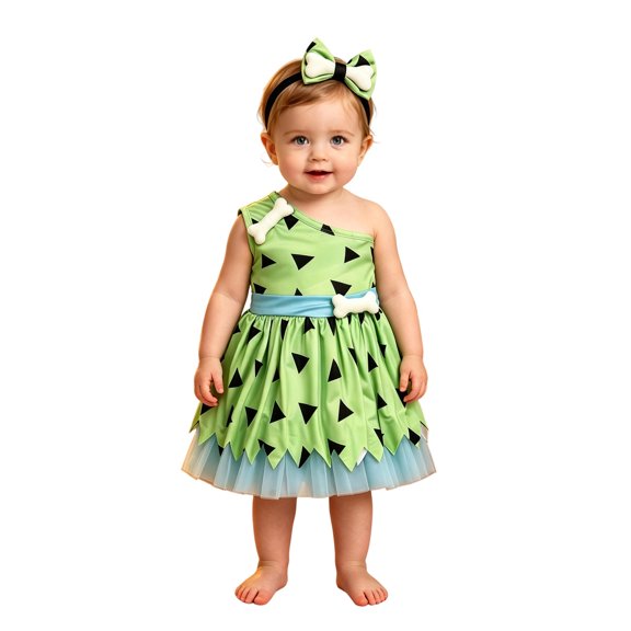 WOYY Toddler Girls Cavegirl Mesh Dress Role Play Party One Shoulder Tutu Dress & Headband, Green