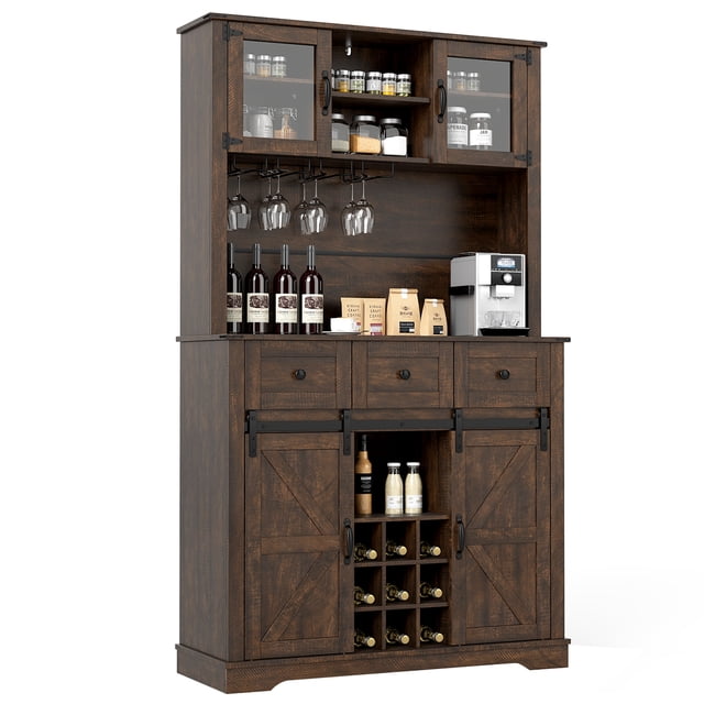 Gymax 72'' Coffee Bar Cabinet with Wine Bottle Rack Microwave Countertop 3 Drawers