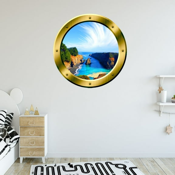 VWAQ Ocean View Porthole Wall Decal Gold Window Decals Sticker Peel and Stick Mural GP12 (14" Diameter)