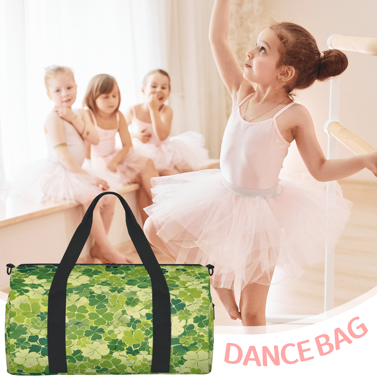 Herdesigns St. Patrick's Day Shamrock Clover Gym Bag for Women, Duffle Bag for Travel Sport, Lightweight Waterproof Carry on Weekender Overnight Dance Yoga Workout Bags