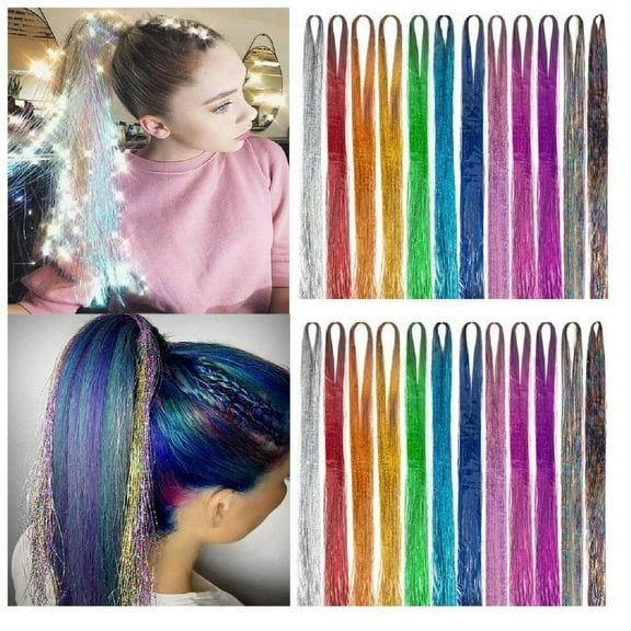 200 Strands Holographic Sparkle Hair Tinsel Extensions Dazzles 90cm Women Hippie