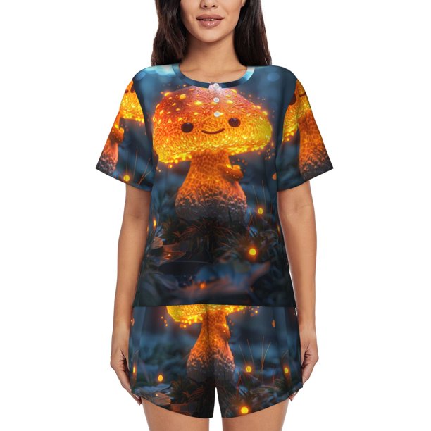 Fotbe Glowing Mushroom In Forest Conjunto de Pijama Estampado para Mujer, 2 Piezas, Ropa de Dormir con Camiseta de Manga Corta y Shorts Suaves-4X-Large