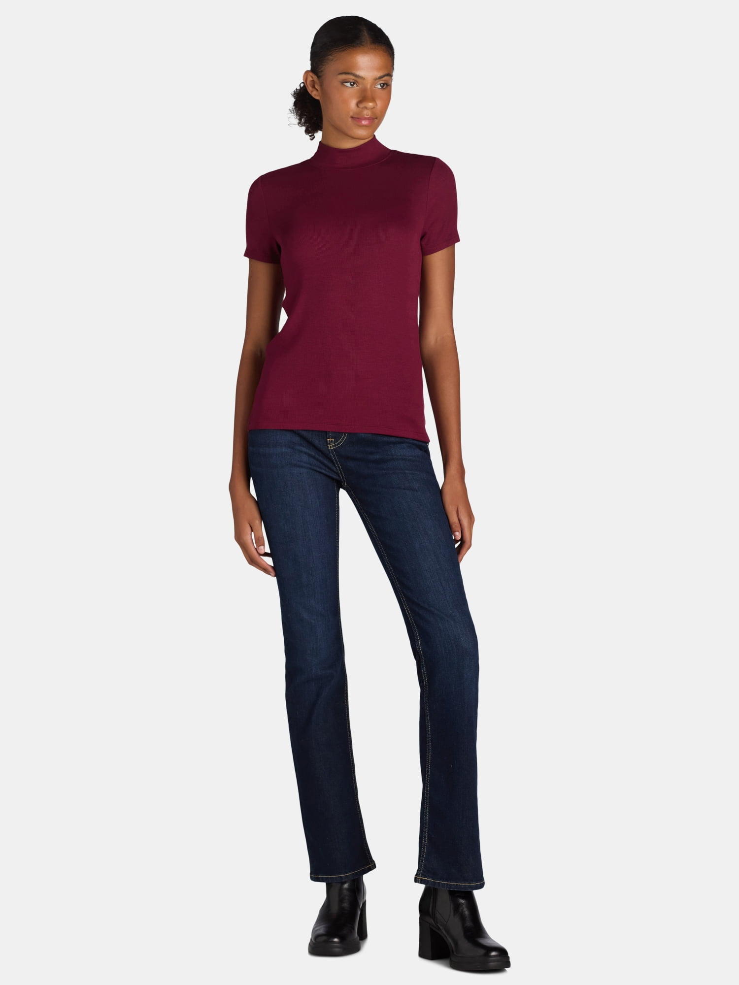 Time and Tru Women's Mock Neck Top with Short Sleeves, 2-Pack, Sizes XS-XXXL