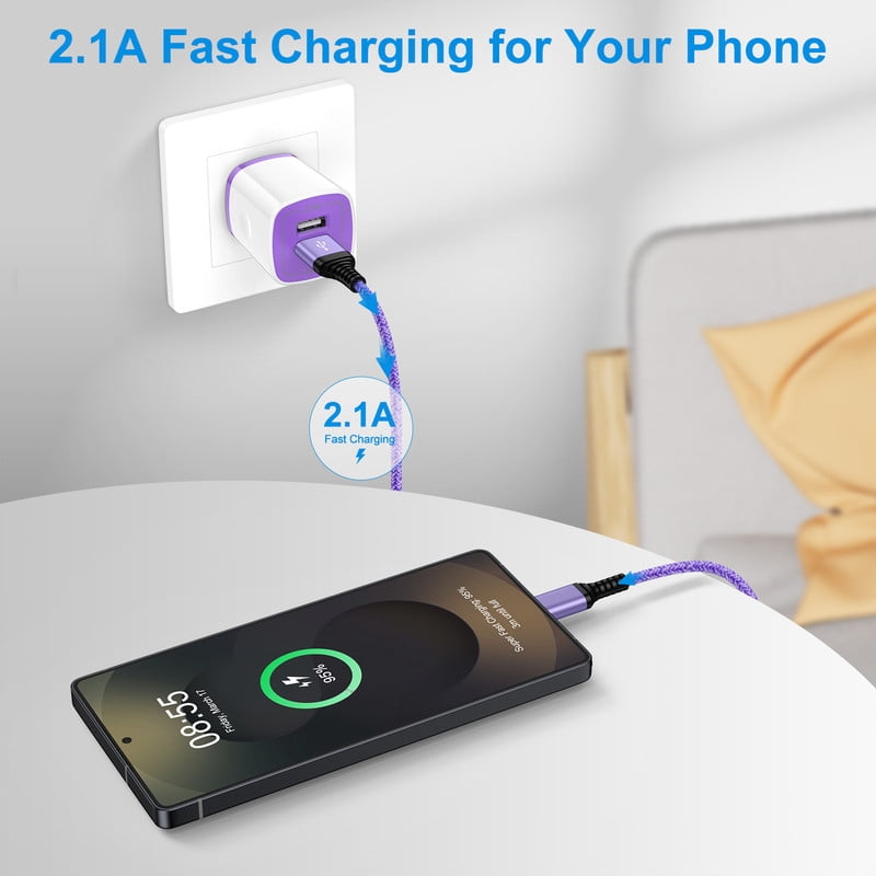 2.1A Dual-Port Fast Wall Charger Block, Phone Charger with 2Pcs 10FT Cables, Power Adapter Compatible with iPhone 17/16/15 Pro Max iPad Pro Galaxy S26 Android,Purple