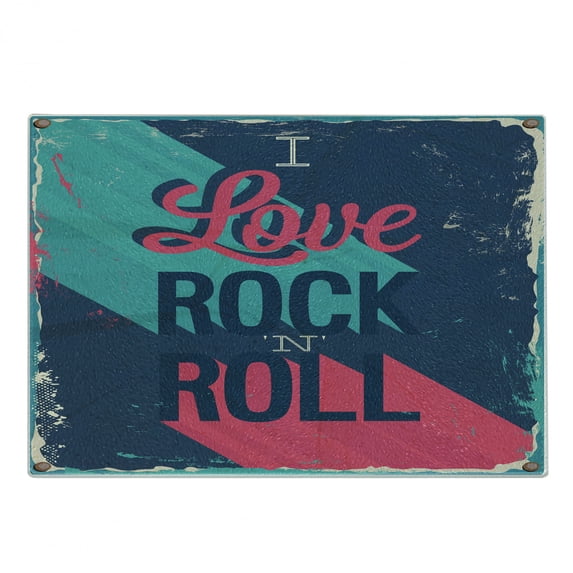 Rock Music Cutting Board, Vintage I Love Rock and Roll Slogan Worn Abstract Poster, Decorative Tempered Glass Cutting and Serving Board, Small Size, Dark Coral Turquoise, by Ambesonne