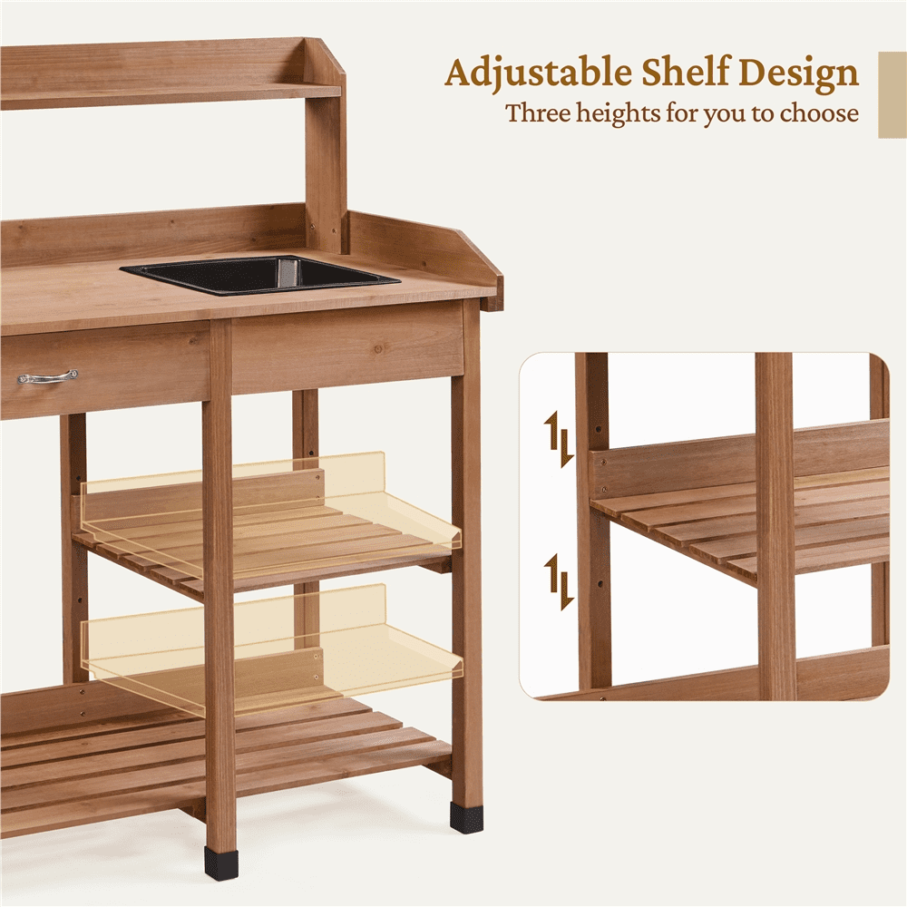 Renwick Garden Potting Bench with Basin & Drawer, Brown