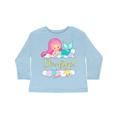 

Inktastic I m 5 Mermaid with Pink Hair and Shells Gift Toddler Boy or Toddler Girl Long Sleeve T-Shirt