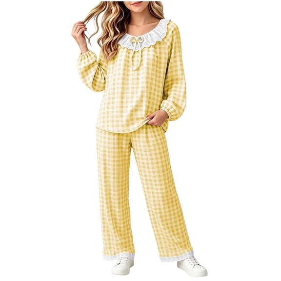 CYRBOKO Loungewear Sets for Girls, 2 Pieces Long Sleeve Cotton Elastic Waist Sleepwear Sets Yellow Size 5-6 T