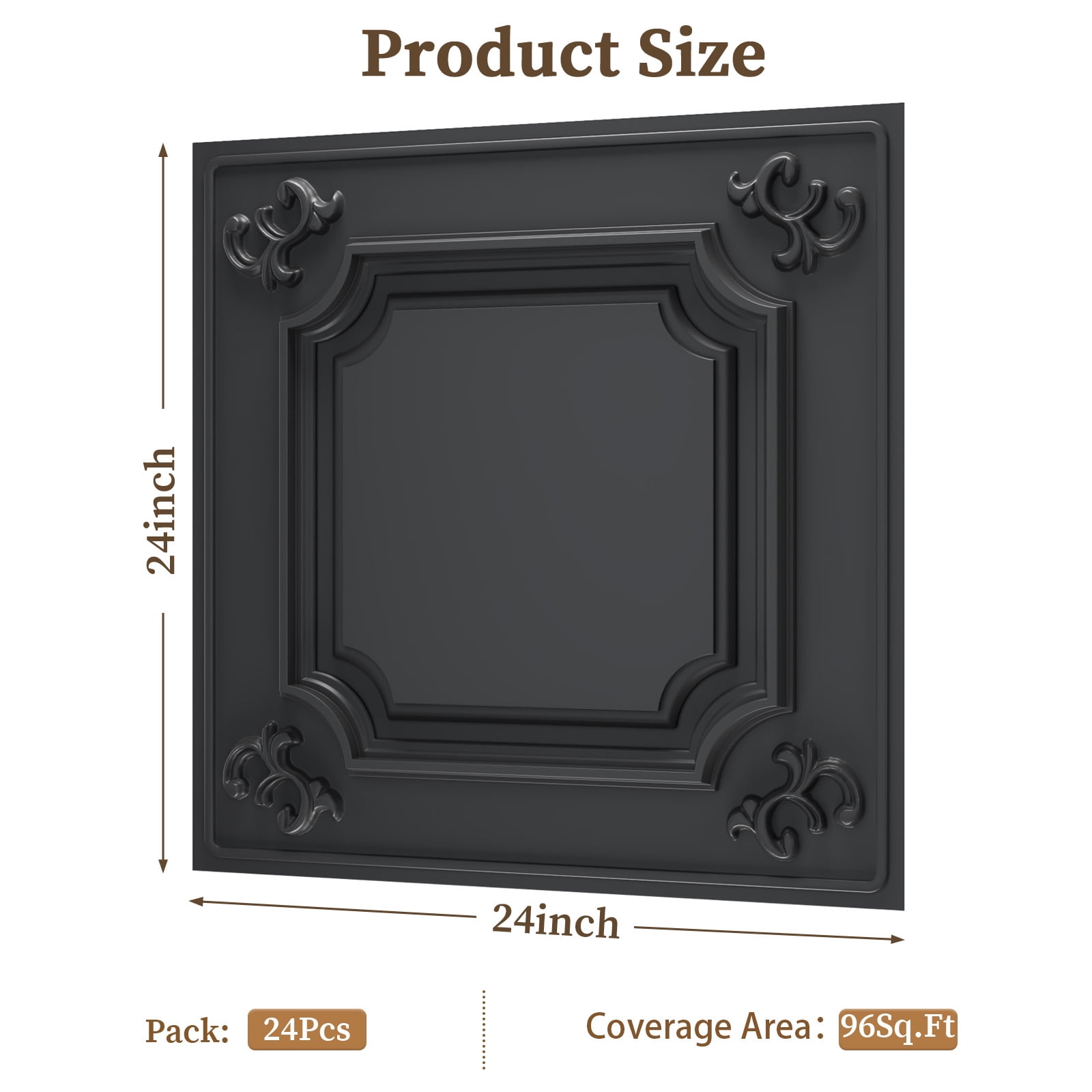 LooYee 24 Pack Black Ceiling Tiles 24x24 Inch, French Style 3D Decorative Ceiling Panels 2x2Ft PVC Waterproof Washable Plastic Material, Cover 96 Sq.Ft