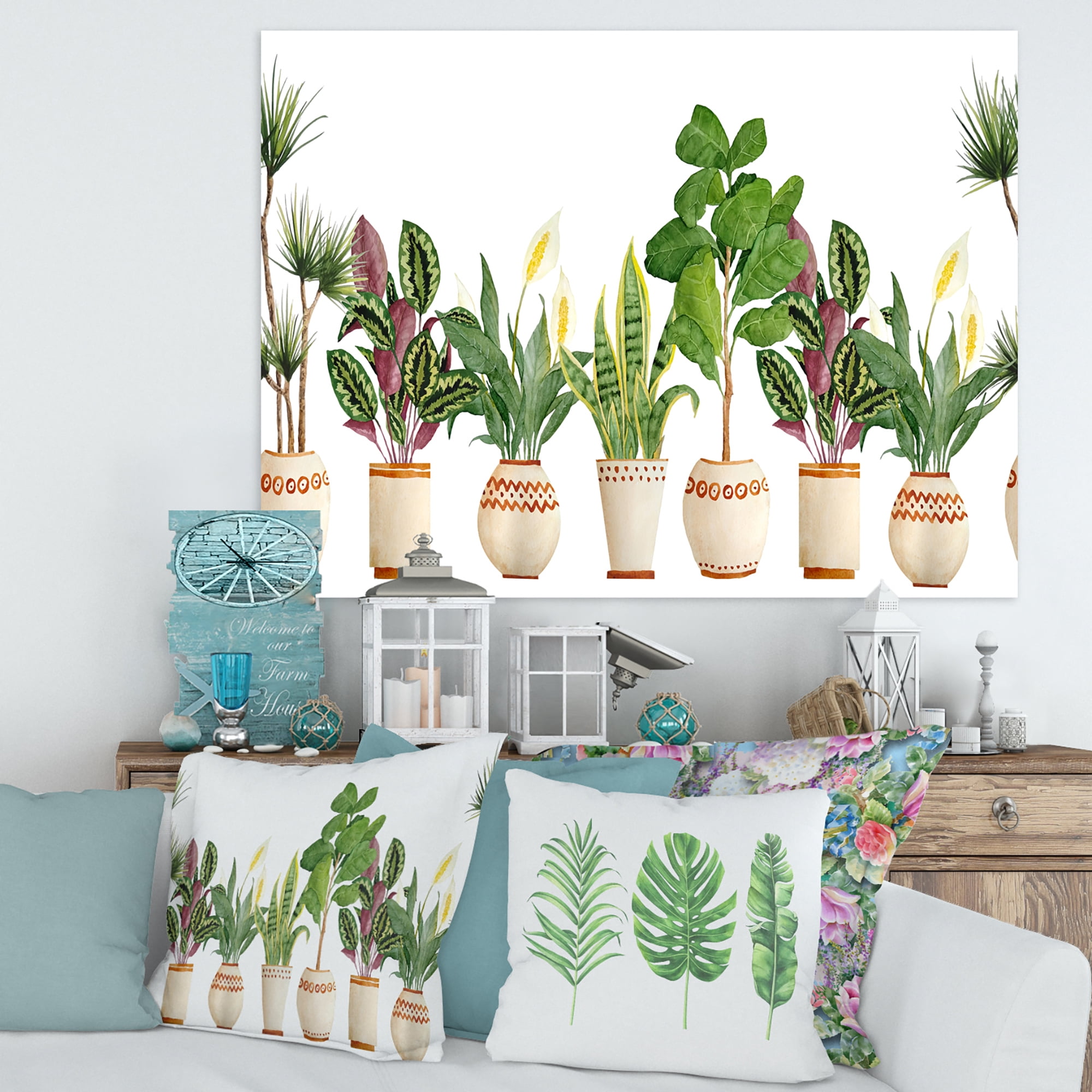Designart ' Trio of Houseplants Sanseviera Snake Plants On White ' Farmhouse Canvas Wall Art Print