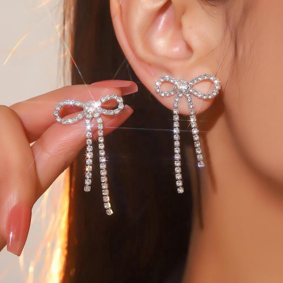 High Grade Shiny Diamond Studded Bow Tassel Earrings Elegant Trendy for Women