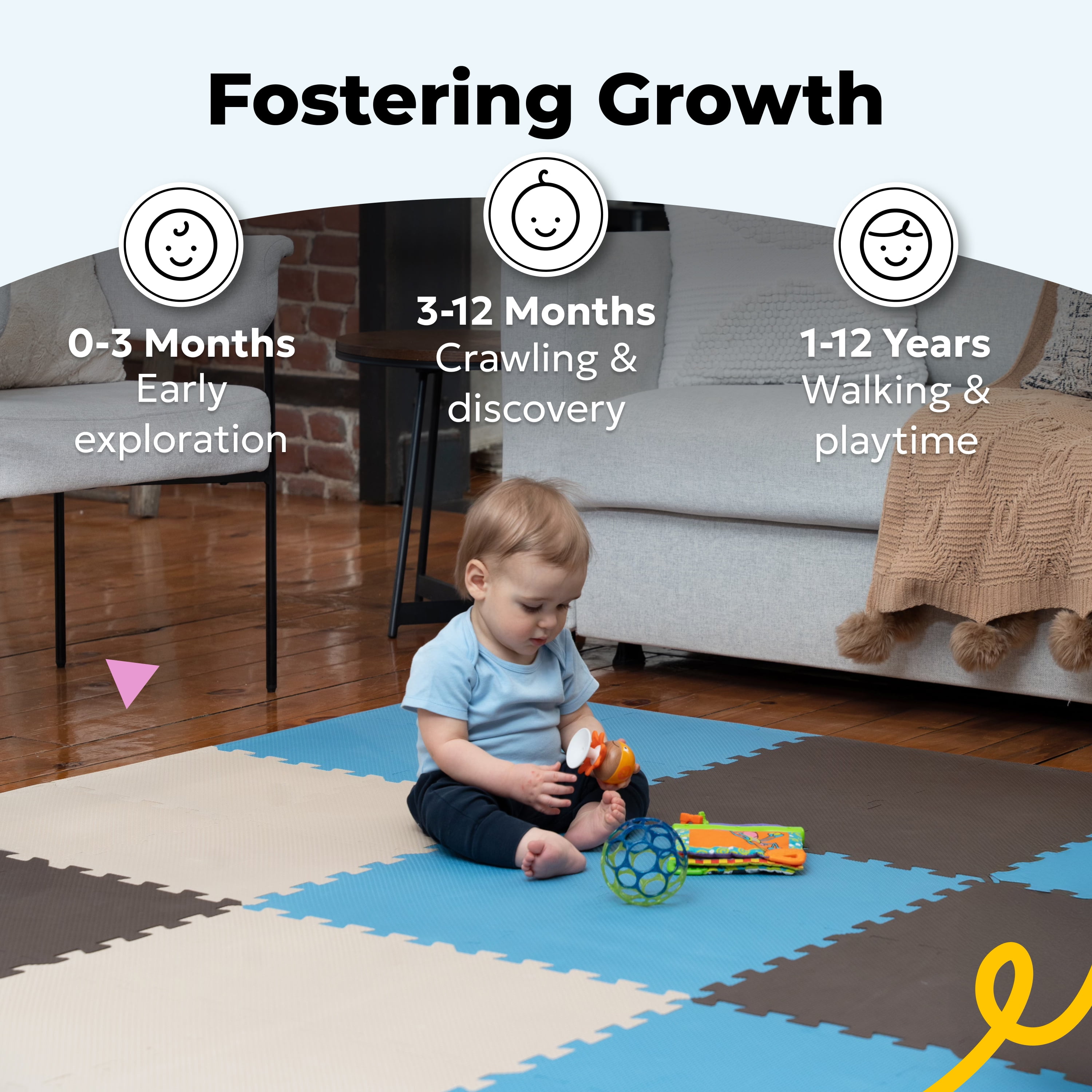 MioTetto Non-Toxic Foam Play Mat for Babies & Kids, Interlocking Puzzle Tiles, Blue-Brown-Beige, 36 Pieces – Perfect for Tummy Time, Crawling, Nursery, Playroom, or Gym