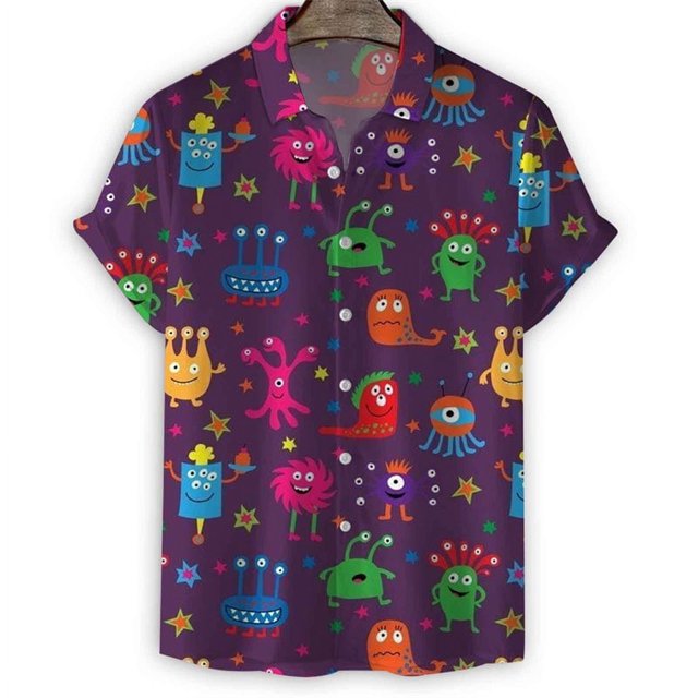 Cartoon Sea Animals Fish 3d Print Shirt Men StarShells Pattern Short Sleeve Tees Fashion Summer Button Lapel Blouse Tops