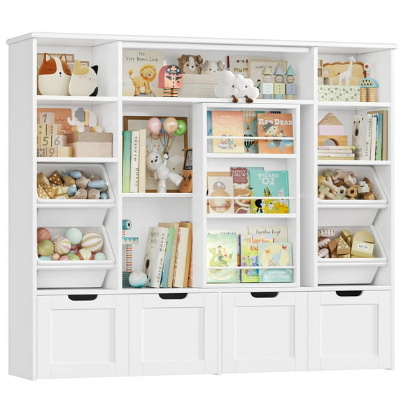 Hiphuta 55"W Kid Toy Storage Organize with Sliding Bookshelf, Kid Bookcase with 4 Removable Drawers, Toy Storage Toy Organize for Kid Bedroom Playroom, White
