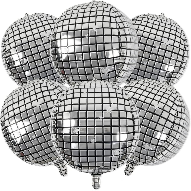 6 Pack Big Disco Ball Balloons for 70s Disco Party Decorations 4D Large 22 inch Round Metallic Silver Disco Mylar Foil Balloons for Disco Theme