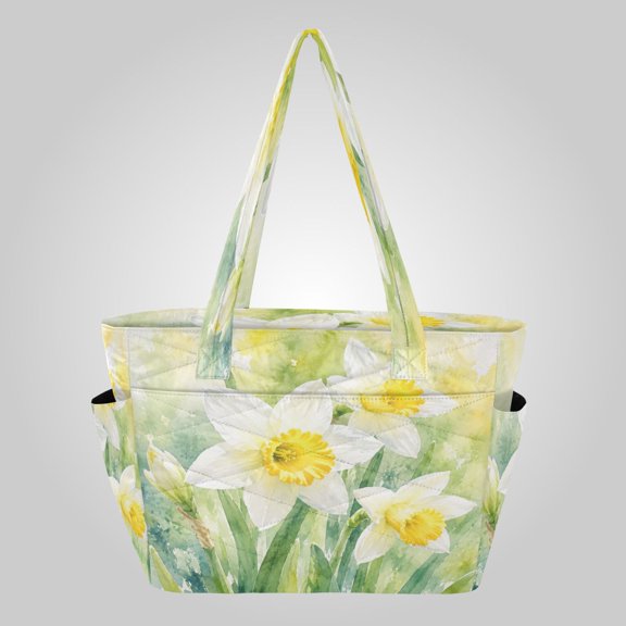 Quilted Tote Bag Large Capacity Multi-Compartment Handbag Lightweight Structured Shoulder Bag Versatile Casual Bag Fresh Yellow Daffodil Blooms