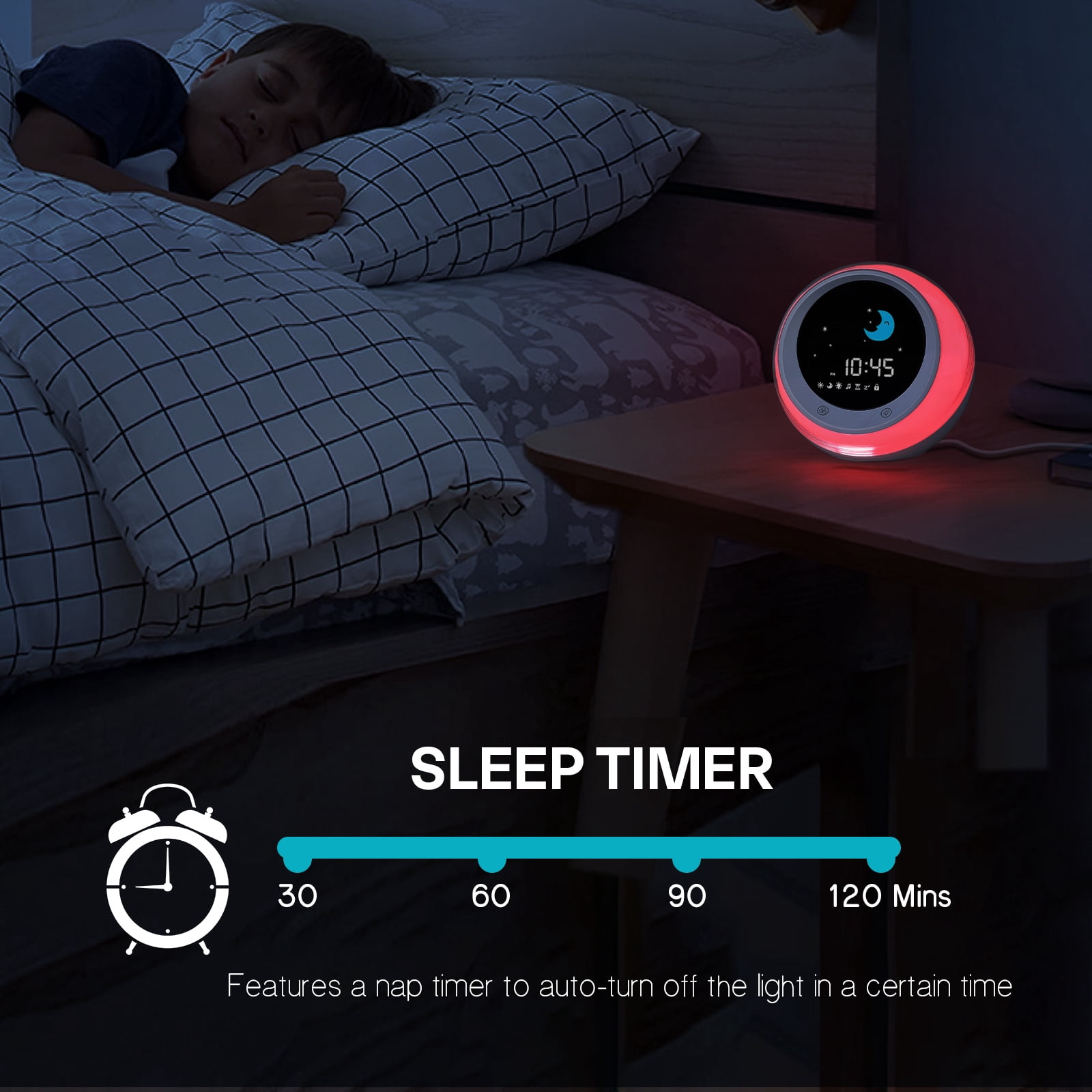 Sun & Moon Rise Kids Alarm Clock, Children's Sleep Trainer ,Sleep Sound Machine, Wake Up Light & Night Light ,Teach Kids Day & Night