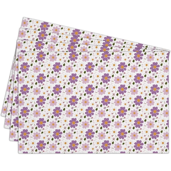 Cotton Linen Waterproof Placemats Set of 4, Purple Floral Dining Mat Table Mats Decor Fabric for Kitchen Dinner Coffee Shop Table, Outdoor/Indoor Washable Wipeable Placemat -N031