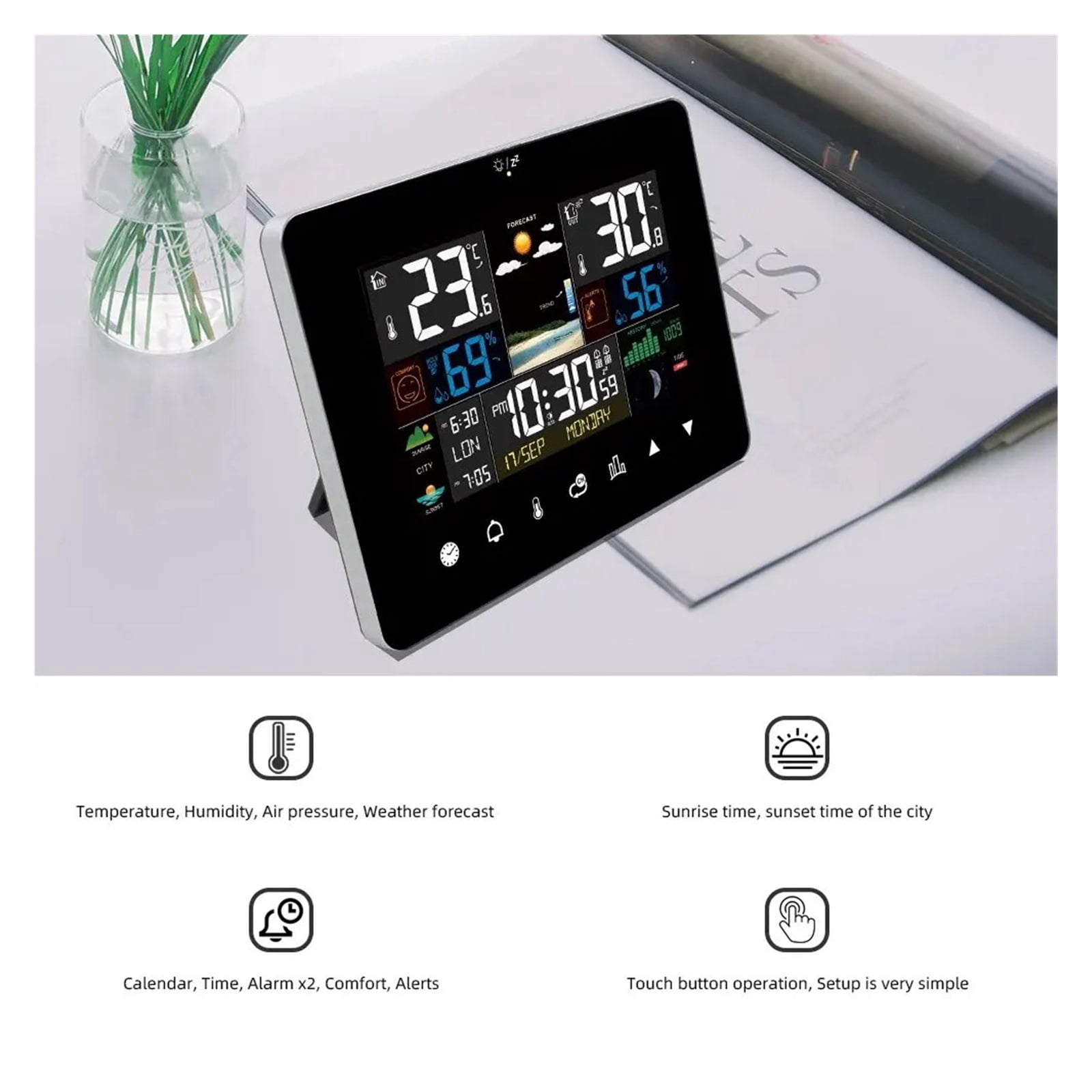 Touch Screen Weather Station with Sunrise Sunset Display, Wireless Monitor