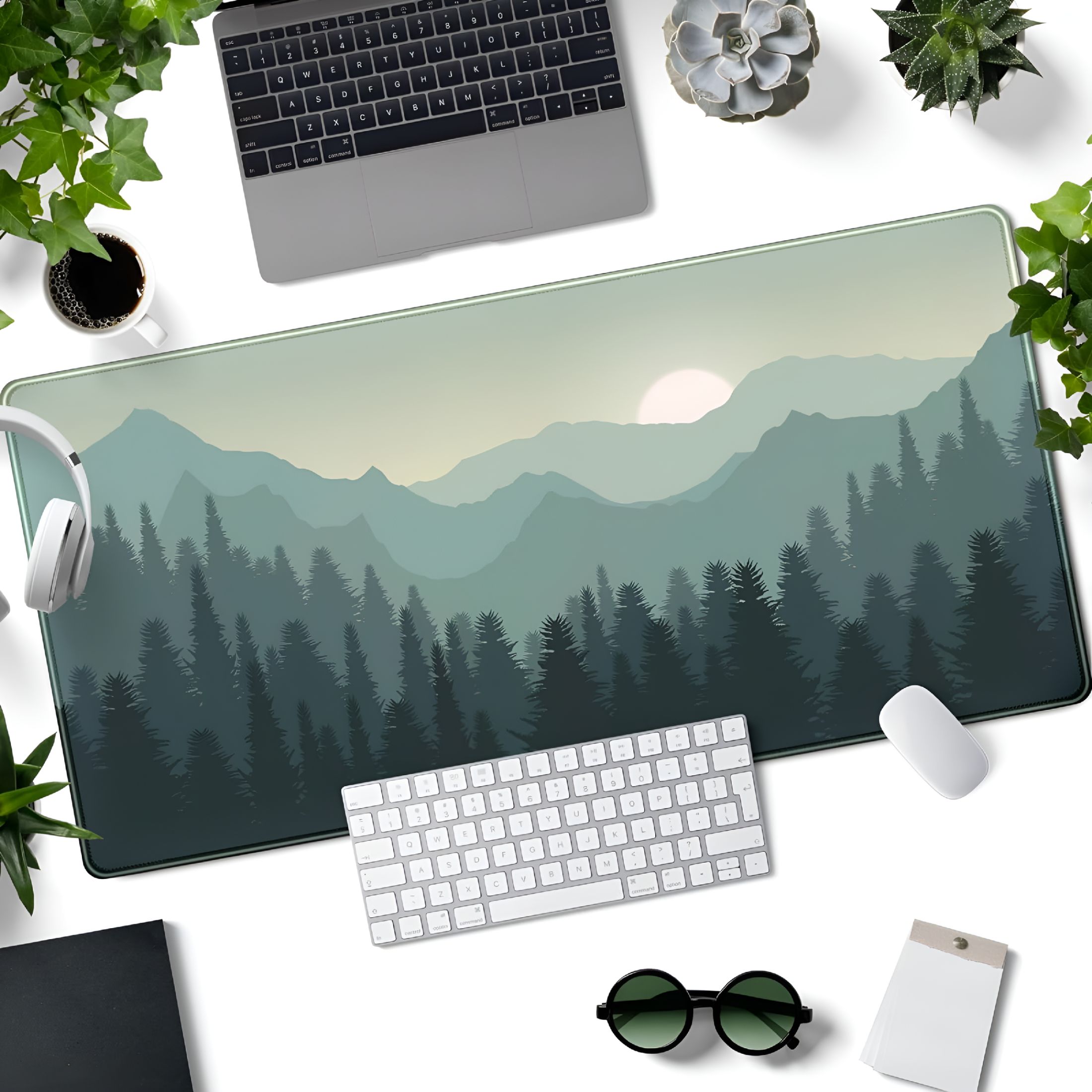 LAMIRO Forest Desk Mat Green Big XXL Mouse Pad Extended Large Gaming Mousepad Sunset Mountains Landscape Nature Desk Pad Keyboard Pad Mouse Mat Deskmat Computer Desktop Mat Deskpad 31.5x15.7 in