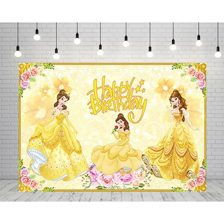 Image of Yellow Princess Birthday Party Supplies 5x3ft Backdrop | Beauty and The Beast Photo Background | Durable Polyester Material | Perfect for Cake Table Decorations Photo Booth and Indoor Wall Backgroun